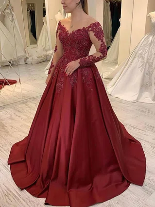 A-line Scoop Neck Satin Sweep Train Appliques Lace Prom Dresses #Favs020107632