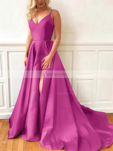 A-line V-neck Satin Sweep Train Split Front Prom Dresses #Favs020107635