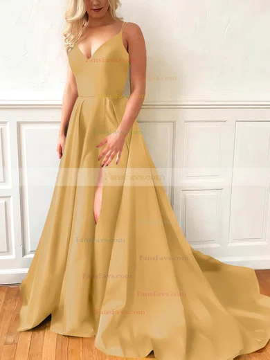 A-line V-neck Satin Sweep Train Split Front Prom Dresses #Favs020107635