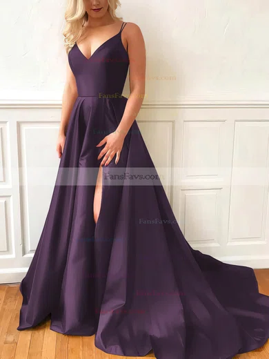 A-line V-neck Satin Sweep Train Split Front Prom Dresses #Favs020107635