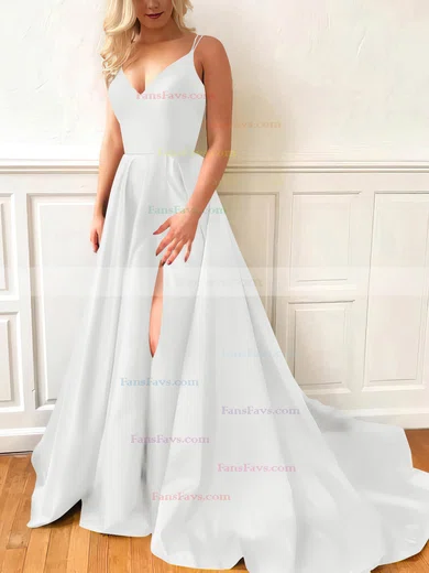 A-line V-neck Satin Sweep Train Split Front Prom Dresses #Favs020107635