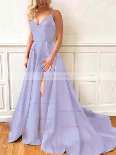 A-line V-neck Satin Sweep Train Split Front Prom Dresses #Favs020107635