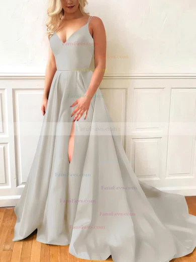 A-line V-neck Satin Sweep Train Split Front Prom Dresses #Favs020107635