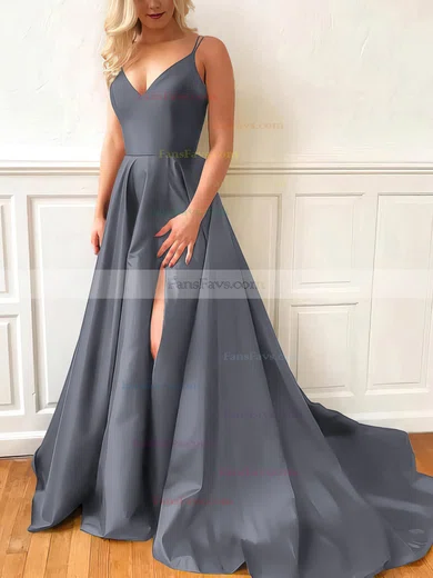 A-line V-neck Satin Sweep Train Split Front Prom Dresses #Favs020107635