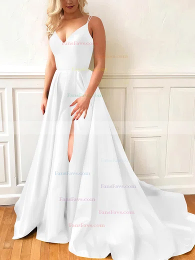 A-line V-neck Satin Sweep Train Split Front Prom Dresses #Favs020107635