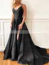 A-line V-neck Satin Sweep Train Split Front Prom Dresses #Favs020107635