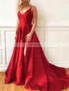 A-line V-neck Satin Sweep Train Split Front Prom Dresses #Favs020107635