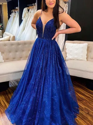 A-line V-neck Glitter Sweep Train Prom Dresses #Favs020107641 A-line V-neck Glitter Sweep Train Prom Dresses #Favs020107641