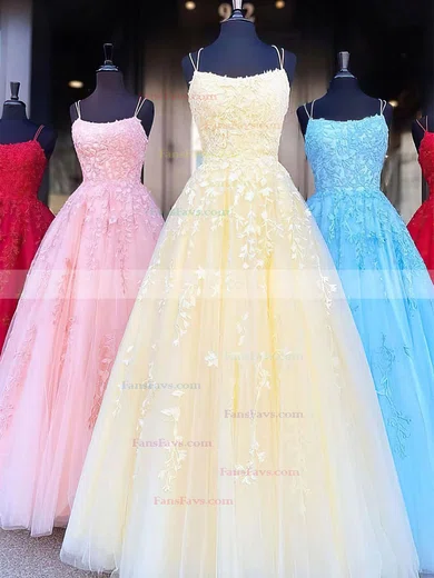 A-line Square Neckline Tulle Sweep Train Appliques Lace Prom Dresses #Favs020107643