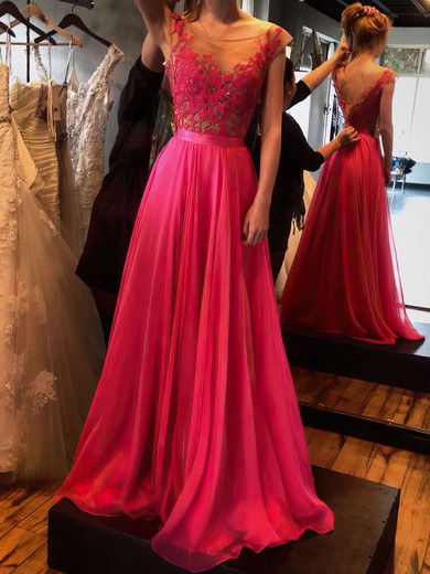 A-line Scoop Neck Chiffon Floor-length Appliques Lace Prom Dresses #Favs02018717