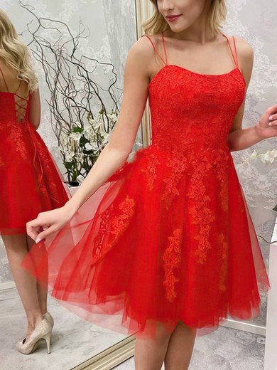 A-line Square Neckline Tulle Short/Mini Appliques Lace Prom Dresses #Favs020107656