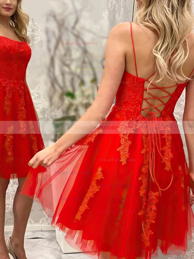 A-line Square Neckline Tulle Short/Mini Appliques Lace Prom Dresses #Favs020107656