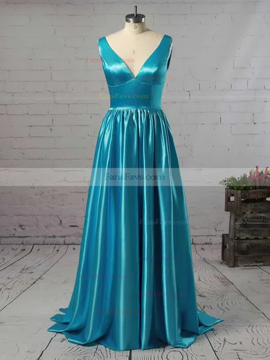 Princess V-neck Satin Floor-length Beading Prom Dresses #Favs02018723