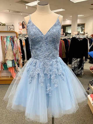 A-line V-neck Tulle Short/Mini Appliques Lace Prom Dresses #Favs020107661 A-line V-neck Tulle Short/Mini Appliques Lace Prom Dresses #Favs020107661
