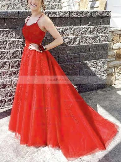 A-line Square Neckline Tulle Sweep Train Appliques Lace Prom Dresses #Favs020107669