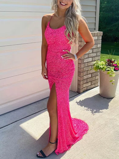 Trumpet/Mermaid Scoop Neck Glitter Sweep Train Split Front Prom Dresses #Favs020107676