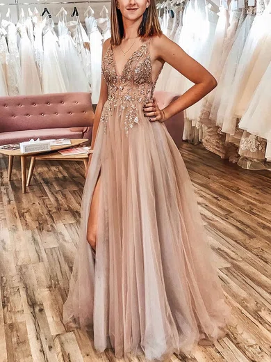 A-line V-neck Tulle Sweep Train Beading Prom Dresses #Favs020107677