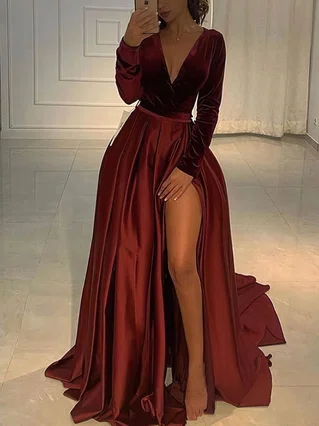 A-line V-neck Silk-like Satin Sweep Train Split Front Prom Dresses #Favs020107678 A-line V-neck Silk-like Satin Sweep Train Split Front Prom Dresses #Favs020107678