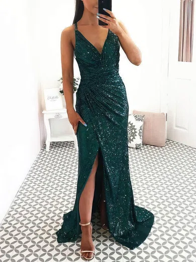 Trumpet/Mermaid V-neck Sequined Sweep Train Ruffles Prom Dresses #Favs020107680