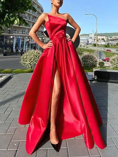 A-line One Shoulder Satin Sweep Train Split Front Prom Dresses #Favs020107681