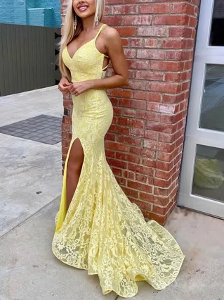 Trumpet/Mermaid V-neck Lace Sweep Train Split Front Prom Dresses #Favs020107682 Trumpet/Mermaid V-neck Lace Sweep Train Split Front Prom Dresses #Favs020107682