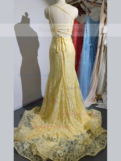 Trumpet/Mermaid V-neck Lace Sweep Train Split Front Prom Dresses #Favs020107682