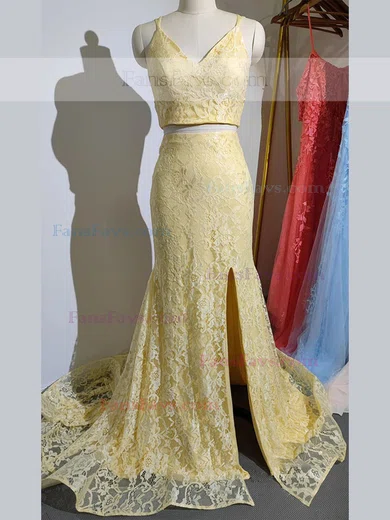 Trumpet/Mermaid V-neck Lace Sweep Train Split Front Prom Dresses #Favs020107682