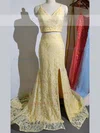 Trumpet/Mermaid V-neck Lace Sweep Train Split Front Prom Dresses #Favs020107682