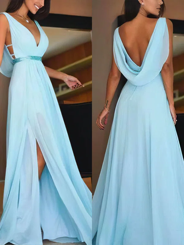 A-line V-neck Chiffon Sweep Train Sashes / Ribbons Prom Dresses #Favs020107687