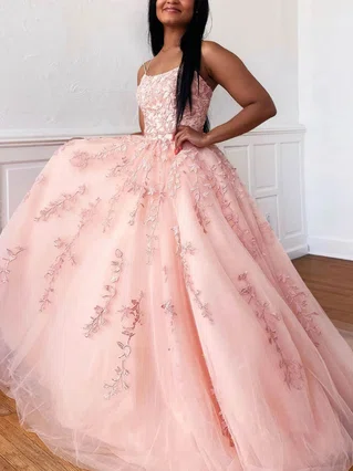 A-line Square Neckline Tulle Sweep Train Appliques Lace Prom Dresses #Favs020107691 A-line Square Neckline Tulle Sweep Train Appliques Lace Prom Dresses #Favs020107691