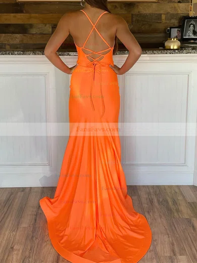 Trumpet/Mermaid V-neck Silk-like Satin Sweep Train Split Front Prom Dresses #Favs020107692