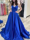 A-line V-neck Satin Sweep Train Bow Prom Dresses #Favs020107730