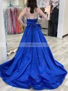 A-line V-neck Satin Sweep Train Bow Prom Dresses #Favs020107730