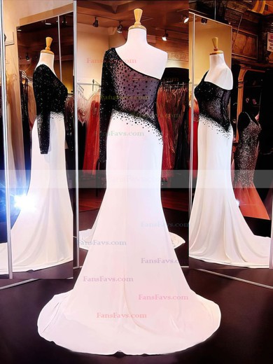 Trumpet/Mermaid One Shoulder Chiffon Tulle Court Train Crystal Detailing Prom Dresses #Favs02023552