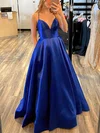 A-line V-neck Satin Sweep Train Pockets Prom Dresses #Favs020107738