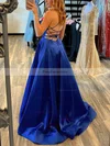 A-line V-neck Satin Sweep Train Pockets Prom Dresses #Favs020107738