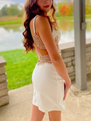 Sheath/Column V-neck Satin Short/Mini Beading Prom Dresses #Favs020107740