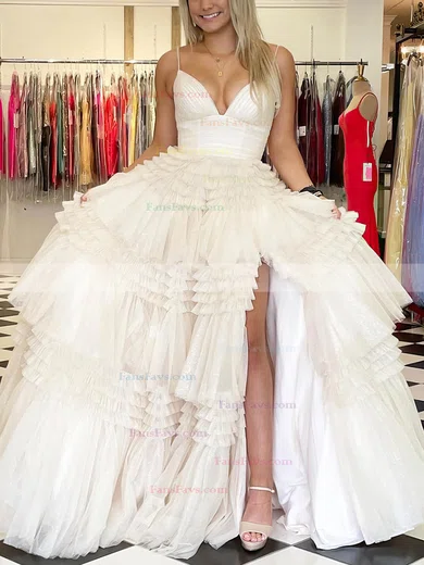 A-line V-neck Tulle Sweep Train Tiered Prom Dresses #Favs020107743