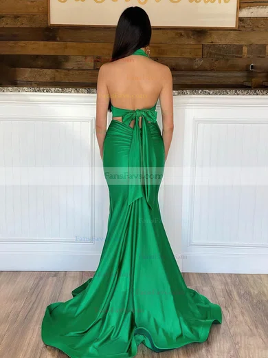 Trumpet/Mermaid Halter Silk-like Satin Sweep Train Bow Prom Dresses #Favs020107745