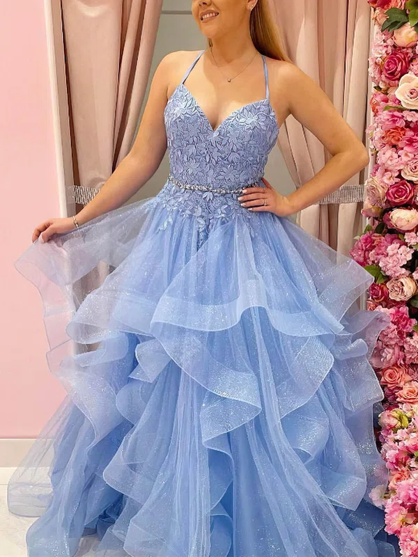 A-line V-neck Organza Sweep Train Beading Prom Dresses #Favs020107746