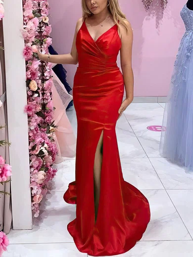 Trumpet/Mermaid V-neck Silk-like Satin Sweep Train Ruffles Prom Dresses #Favs020107747