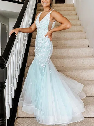 Trumpet/Mermaid V-neck Tulle Sweep Train Appliques Lace Prom Dresses #Favs020107750 Trumpet/Mermaid V-neck Tulle Sweep Train Appliques Lace Prom Dresses #Favs020107750