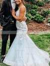 Trumpet/Mermaid V-neck Tulle Sweep Train Appliques Lace Prom Dresses #Favs020107750