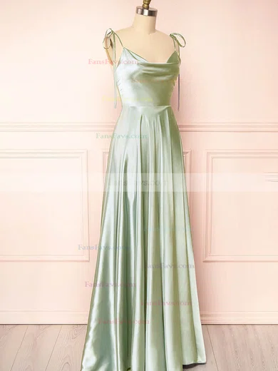 A-line Cowl Neck Silk-like Satin Sweep Train Split Front Prom Dresses #Favs020107751