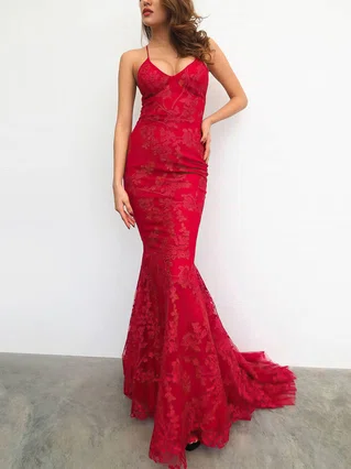 Trumpet/Mermaid V-neck Lace Sweep Train Prom Dresses #Favs020107752 Trumpet/Mermaid V-neck Lace Sweep Train Prom Dresses #Favs020107752