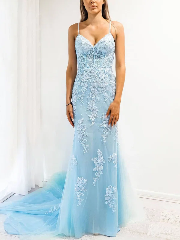 Trumpet/Mermaid V-neck Tulle Court Train Appliques Lace Prom Dresses #Favs020107753