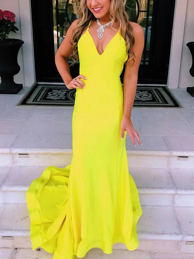 Trumpet/Mermaid V-neck Silk-like Satin Sweep Train Prom Dresses #Favs020107756