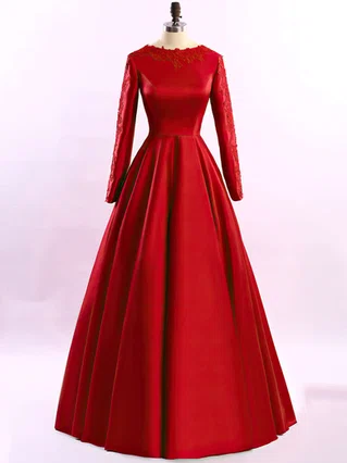 Ball Gown Scoop Neck Satin Sweep Train Appliques Lace Prom Dresses #Favs02023575 Ball Gown Scoop Neck Satin Sweep Train Appliques Lace Prom Dresses #Favs02023575