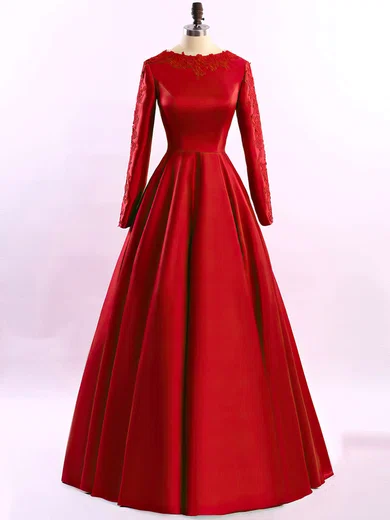 Ball Gown Scoop Neck Satin Sweep Train Appliques Lace Prom Dresses #Favs02023575