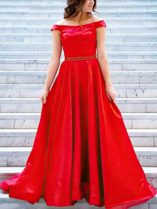 A-line Off-the-shoulder Satin Sweep Train Beading Prom Dresses #Favs020107759
